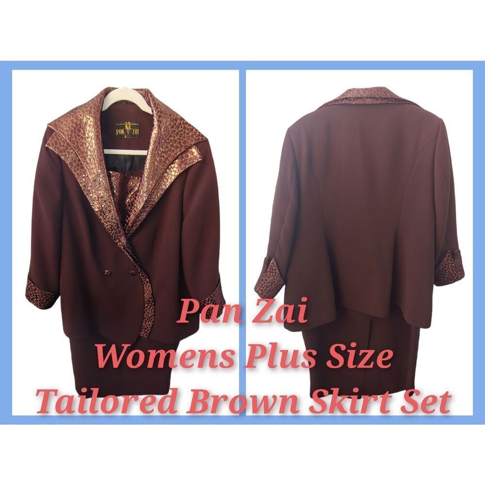 Pan Zai VINTAGE Womens Size 3x Brown Custom Tailored Skirt Suit.